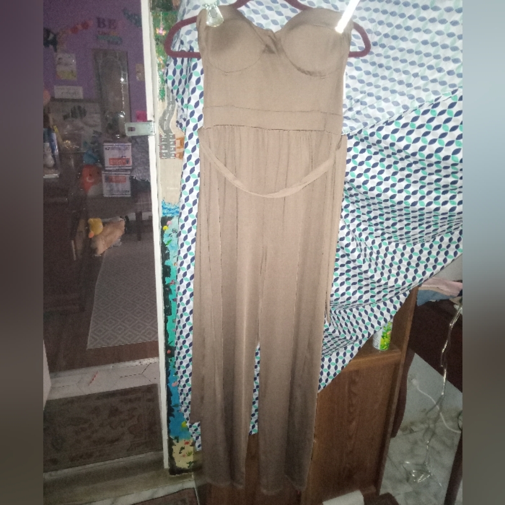 Cider Sz Large Elegant Tan Strapless Jumpsuit